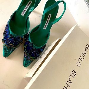 Manolo Blahnik Peacock Feather Evening Slingbacks
